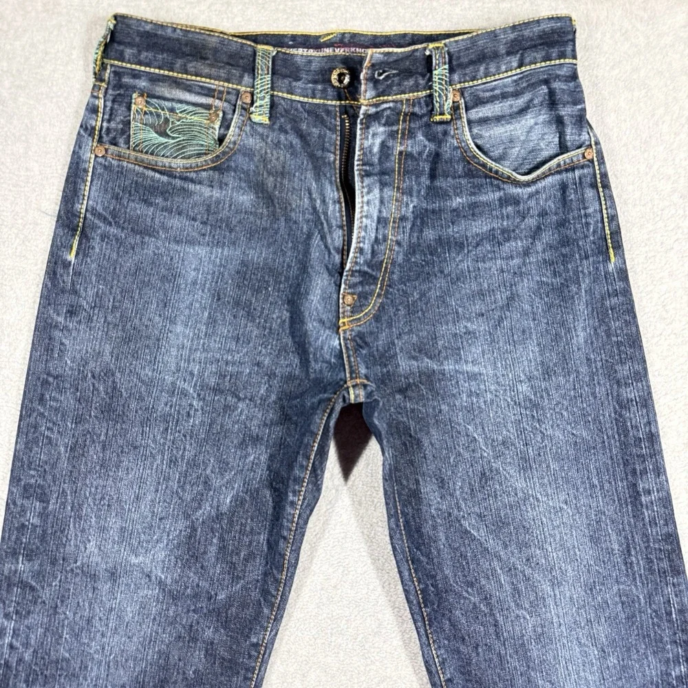 RMC Martin Ksohoh Red Monkey Company Mens Indigo Graphic Jeans Wave Logo 30x34